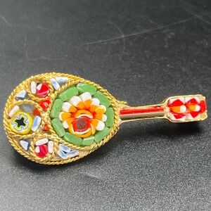 Brooch Pin Micro Mosaic Mandolin Guitar Glass and‎ Gold Tone Floral Design